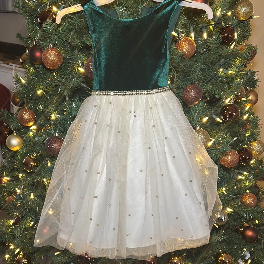 Girls Size 6 Green Velvet and White Tulle Dress Gold Pearls - Worn once